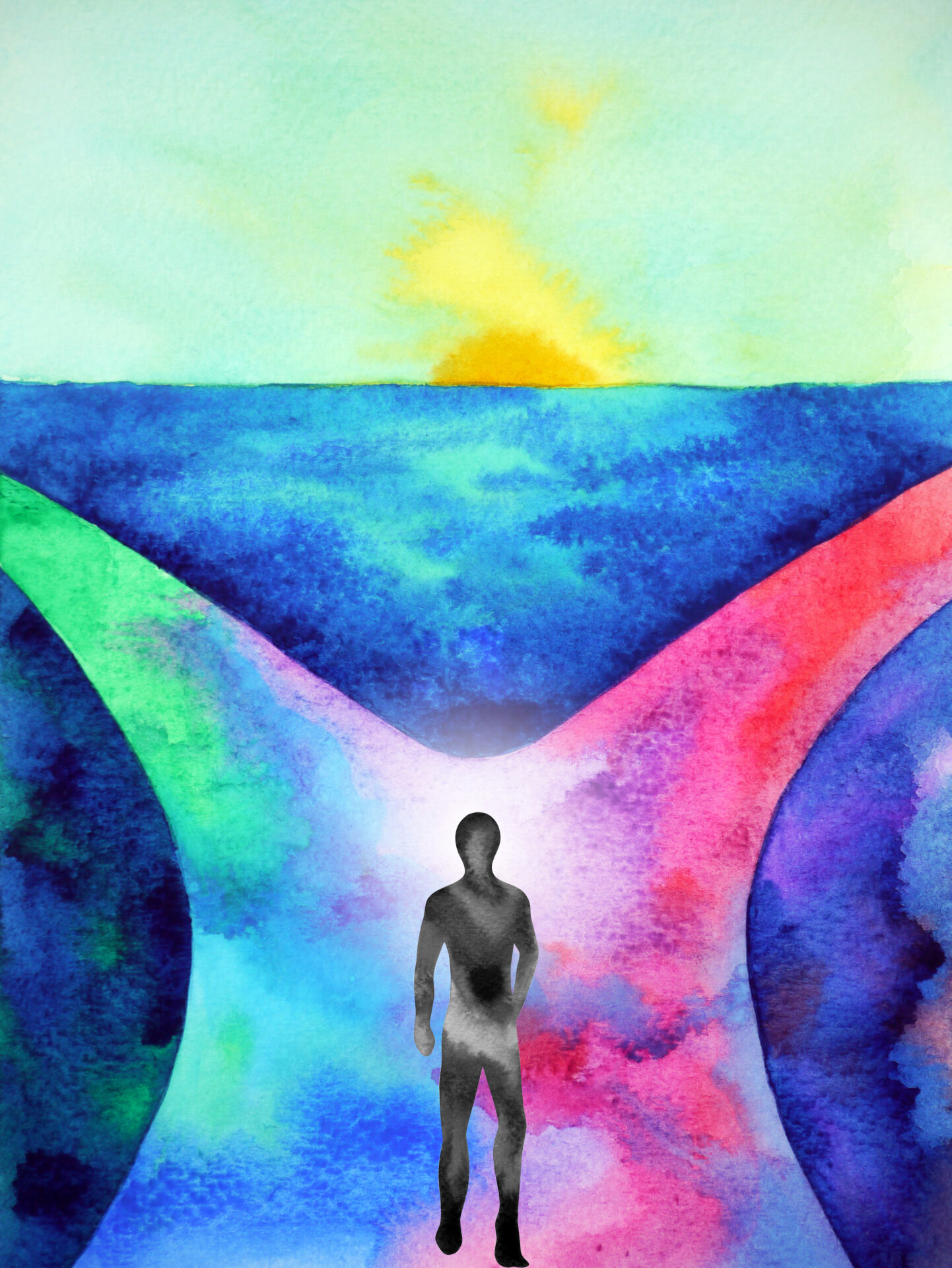 Abstract figure chooses colorful path at sunset.