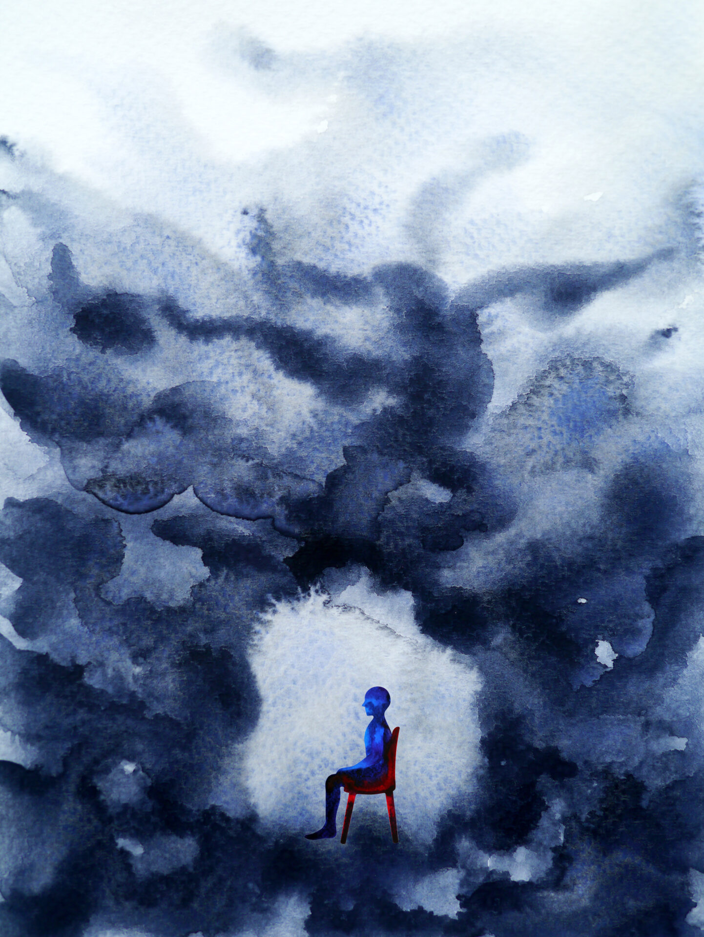 Blue figure on chair surrounded by dark clouds.