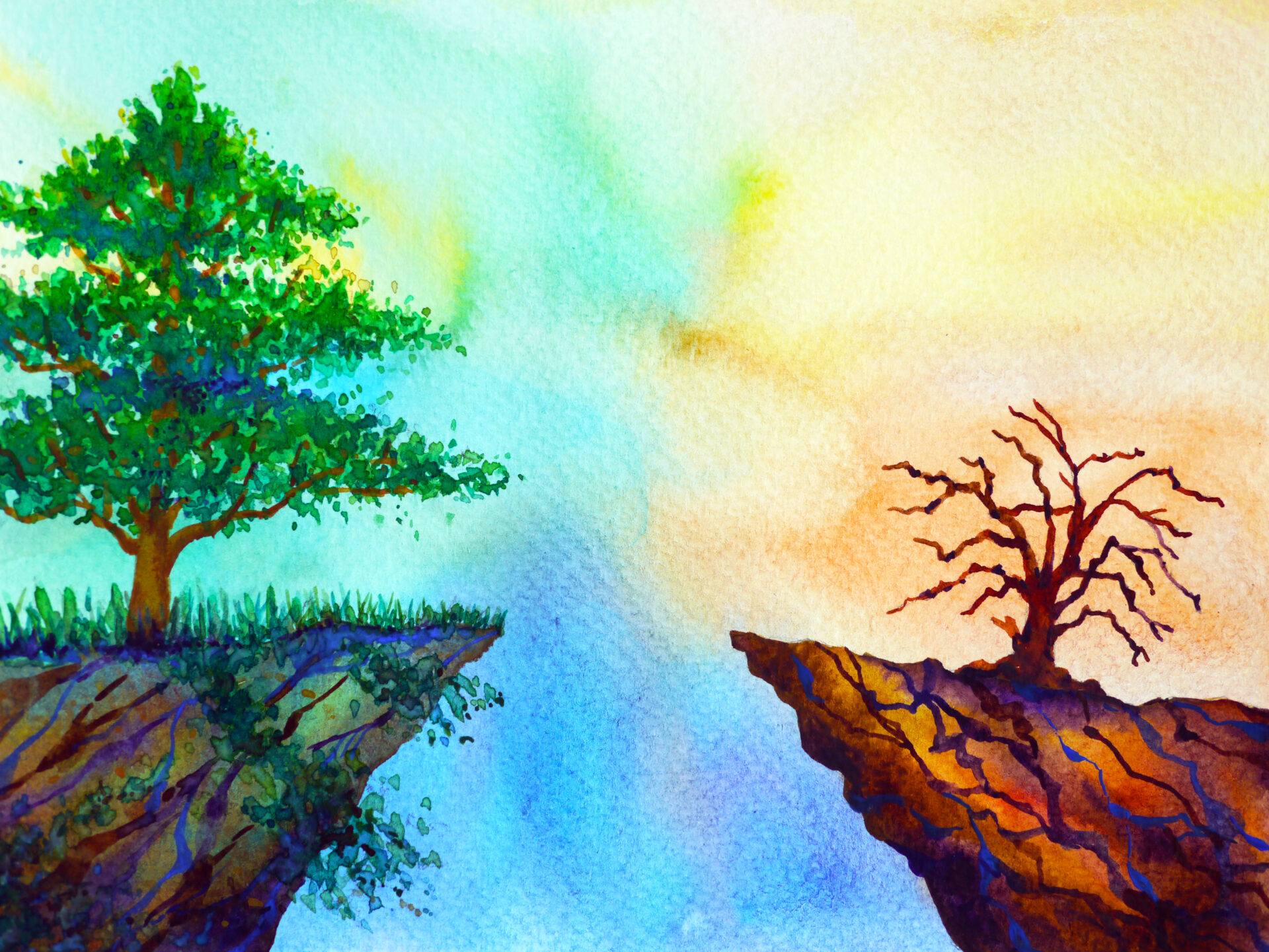 Colorful landscape with healthy and barren tree.