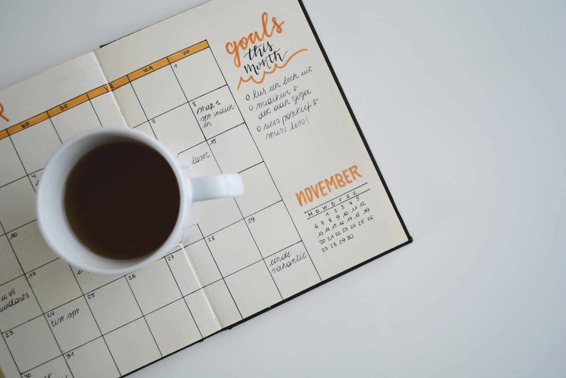 An open agenda lists goals and tasks for the month.